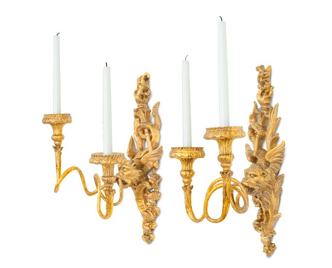 Niccolò  Lagaggio  - A pair of late baroque iron and giltwood two lights wall sconces | MasterArt